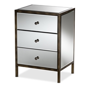 Baxton Studio Nouria Modern and Contemporary Hollywood Regency Glamour Style Mirrored Three Drawer Nightstand Bedside Table